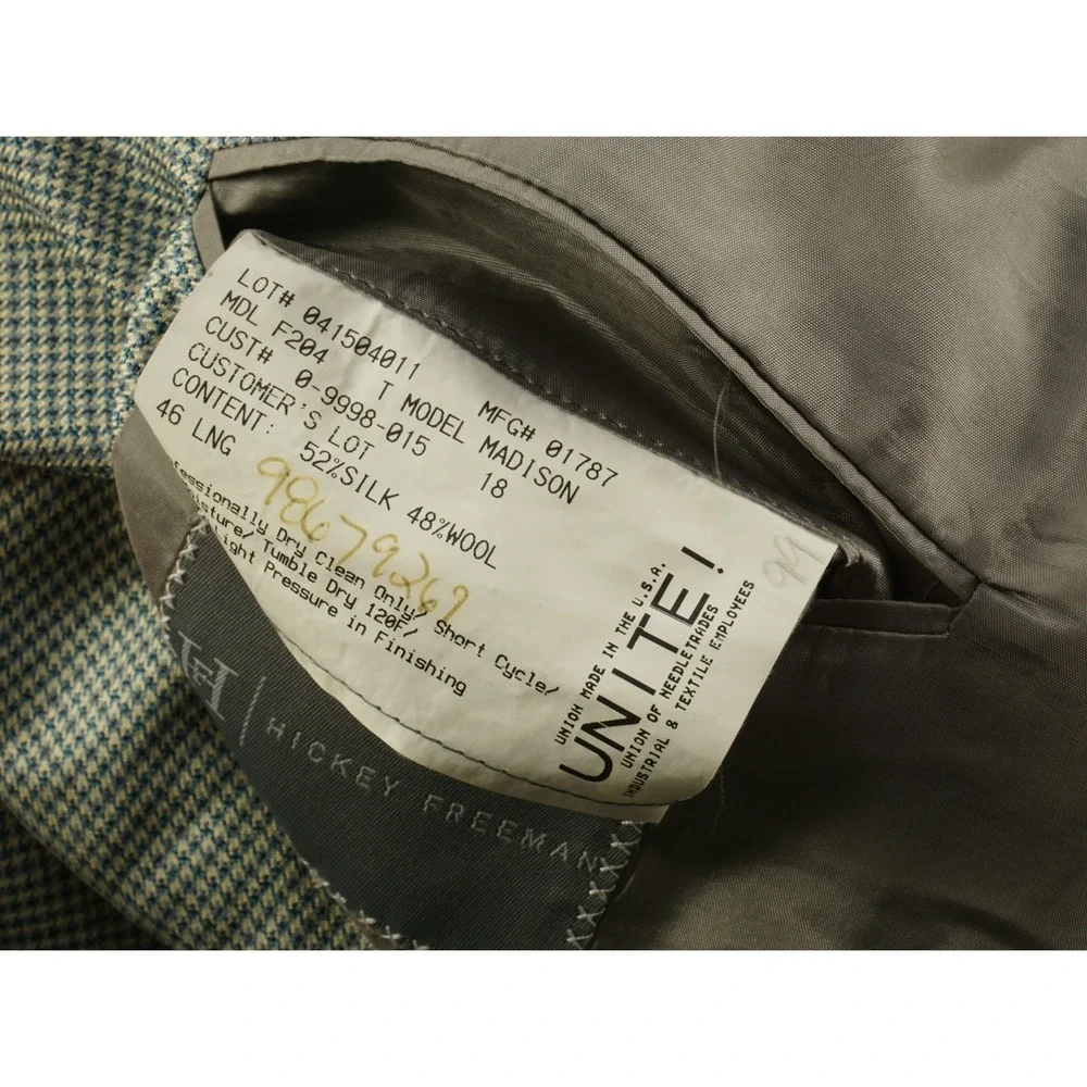 Hickey Freeman Silk Wool Jersey Houndstooth Madison Blazer Mens 46L Blue Cream‎